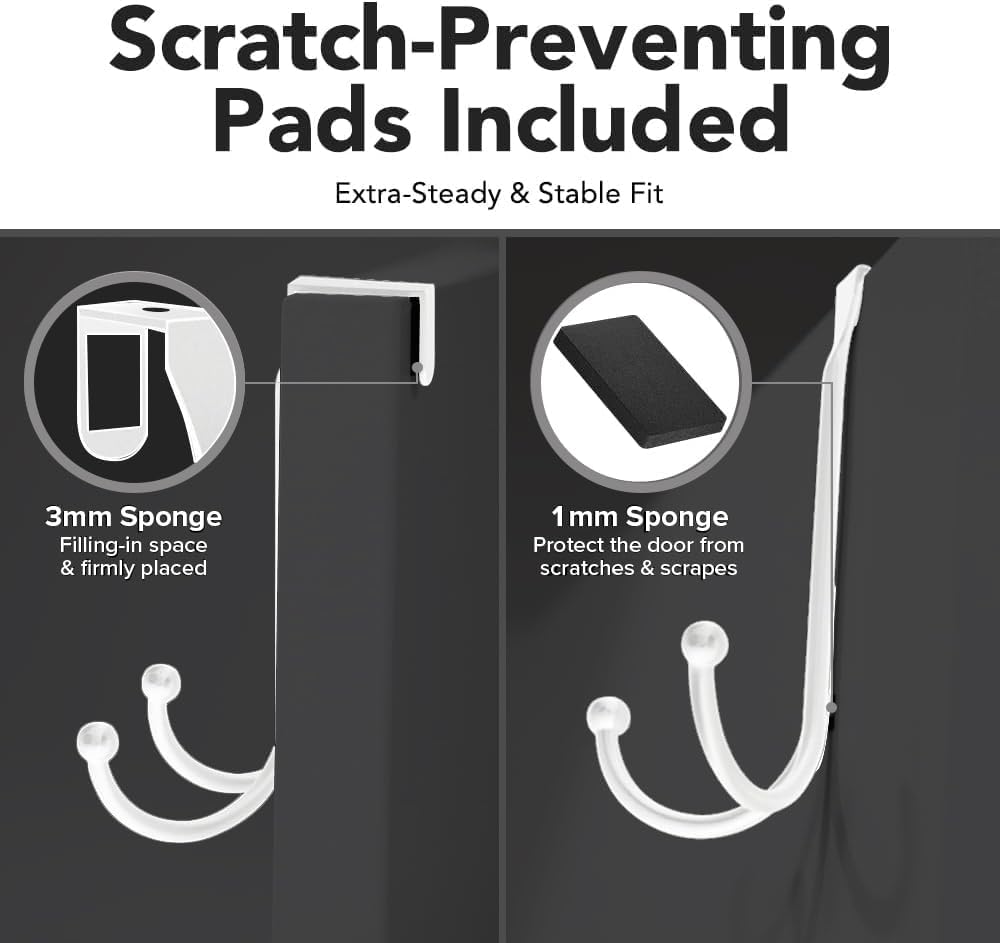 2-Pack Over The Door Hooks - with 2 Hang Heads & Snug Fit Pads Heavy Duty Hook for Hanging Coats, Towels, Caps & Robes - Elegant Matt Finish - No Drill Hanger Organizer - White