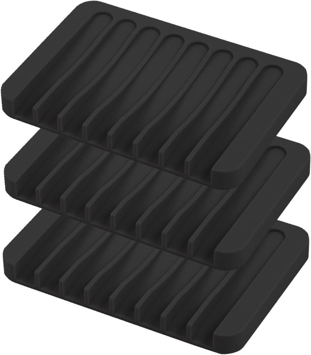 Self Draining Soap Dishes, 3 Pcs Silicone Waterfall Drainer Soap Holder for Bathroom, Extend Soap Life Keep Dry Clean & Easy Cleaning (Black)