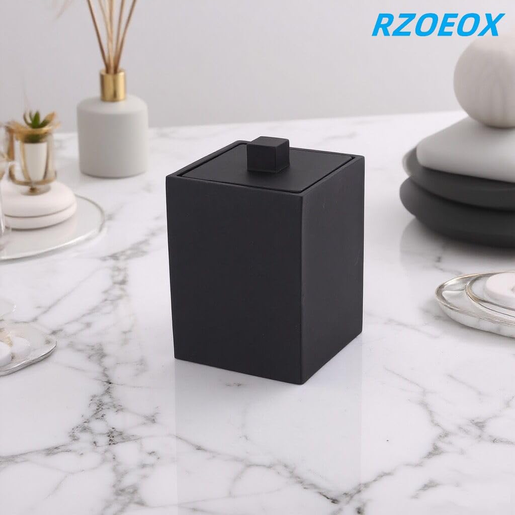 Square Cotton Swab Holder with Lid, Matte Black Qtip Holder Bathroom