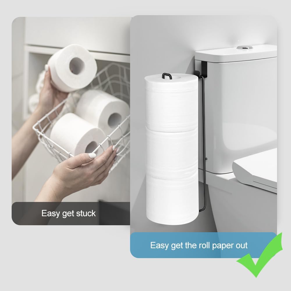 Matte Black Extra Toilet Paper Storage for 3 Roll Tissue Over The Tank Toilet Paper Roll Holder Stainless Steel Adhesive Hanging Toilets Tissue Holder Wall Mounted for Bathroom RV Camper(2 Pack)