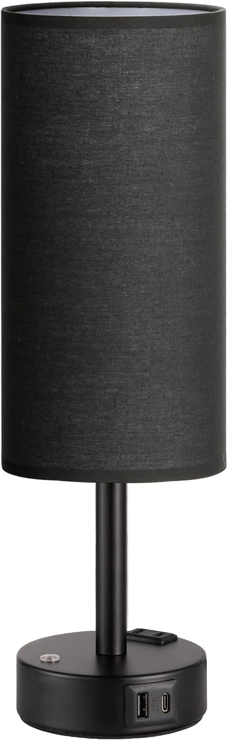 Black Touch Bedside Lamp for Bedroom, Stepless Dimmable, USB A+C, AC Outlet