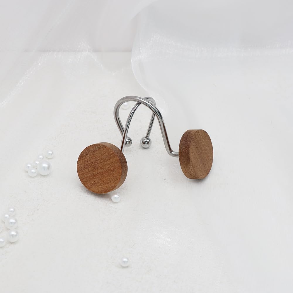 Shower Curtain Hooks, Wood Decorative Shower Curtain Rings, Modern Round Log Shower Curtain Hangers, 12PCS Metal Shower Hooks for Shower Curtain Rod, Bathroom, Bedroom, Living Room (Silvery)