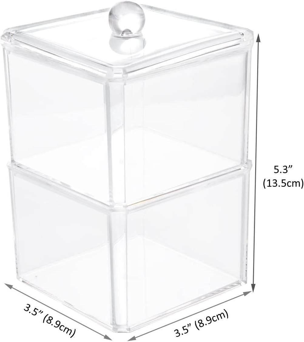 Square Acrylic Cotton Ball Pads Gauze Swab Holder Organizer Q-tip Dispenser Storage Canister Bathroom Container Flossers Box Case (3.5 x 3.5 x 5.3 inches, Two Tiers, Transparent)