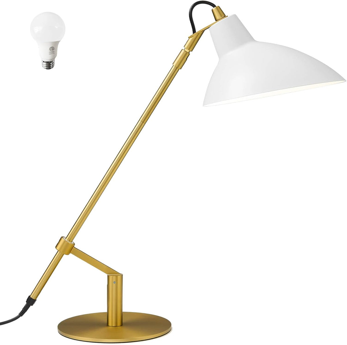 Desk Lamp Modern Industrial 100% Metal Adjustable Table Lamp 24", Natural Light (4000K) with Dimmer, Ideal for Office Bedroom Study Room Living Room Nightstand Bedside Lamps White+Brass