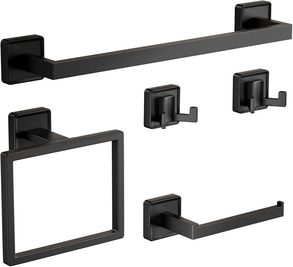 5-Pieces Matte Black Bathroom Hardware Accessories Set, SUS304 Stainless Steel Bath Towel Bar Set, 15.6 Inch Bath Towel Bar Set，Towel Racks for Bathroom Wall Mounted.