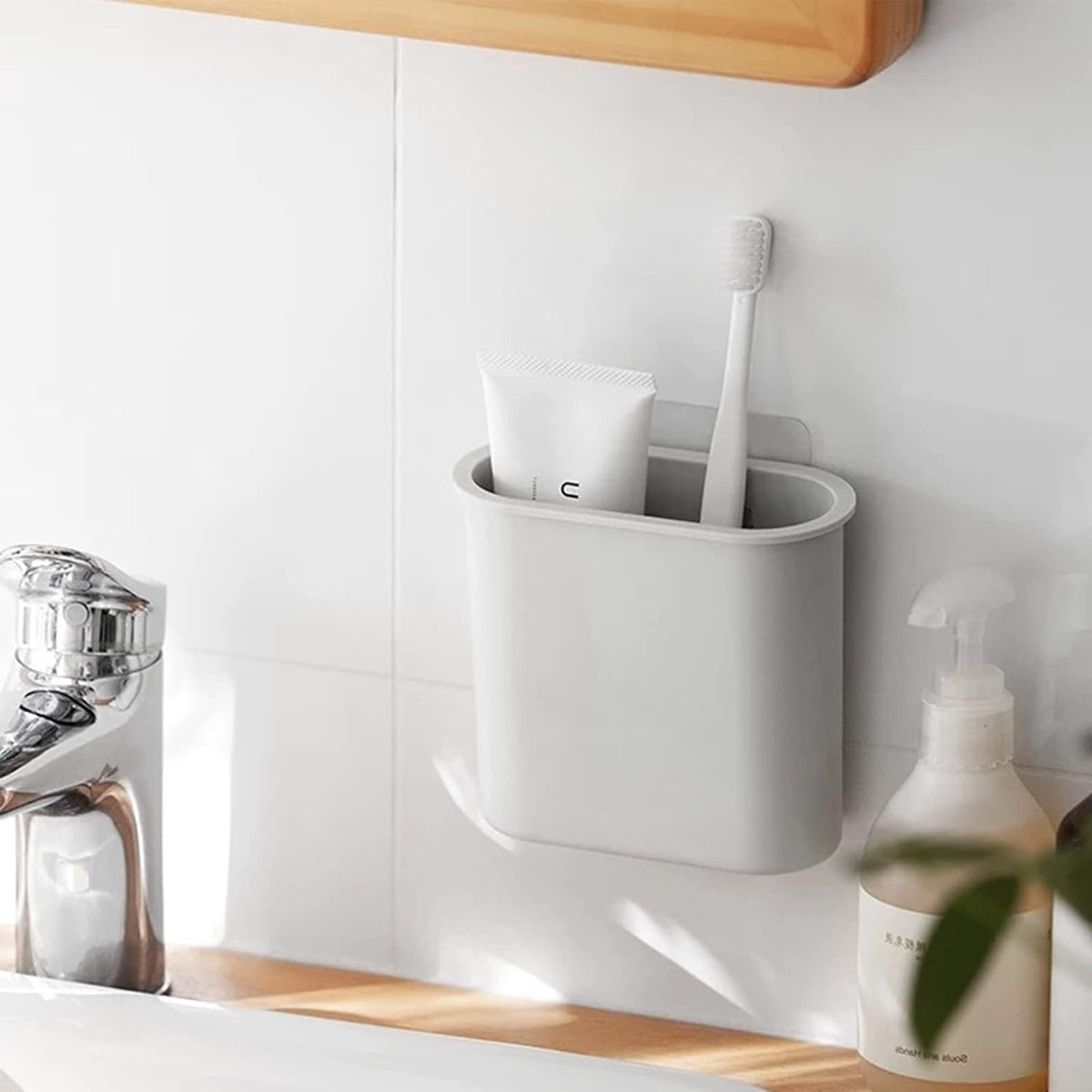 Toothbrush Holder Wall Mounted for Bathroom, Wall Toothbrush Holders for Electric Toothbrush, Toothpaste, Razor, Self Adhesive Wallmount Organizer (Grey