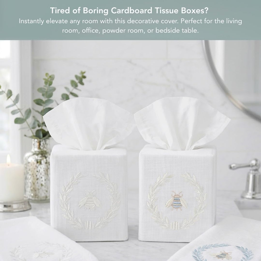 Jacaranda Living Square Tissue Box Cover, Linen/Cotton Fabric Tissue Holder, Decorative Cloth Tissue Cube Cover, Embroidered Bee Designs, Napoleon Bee Wreath (Beige)