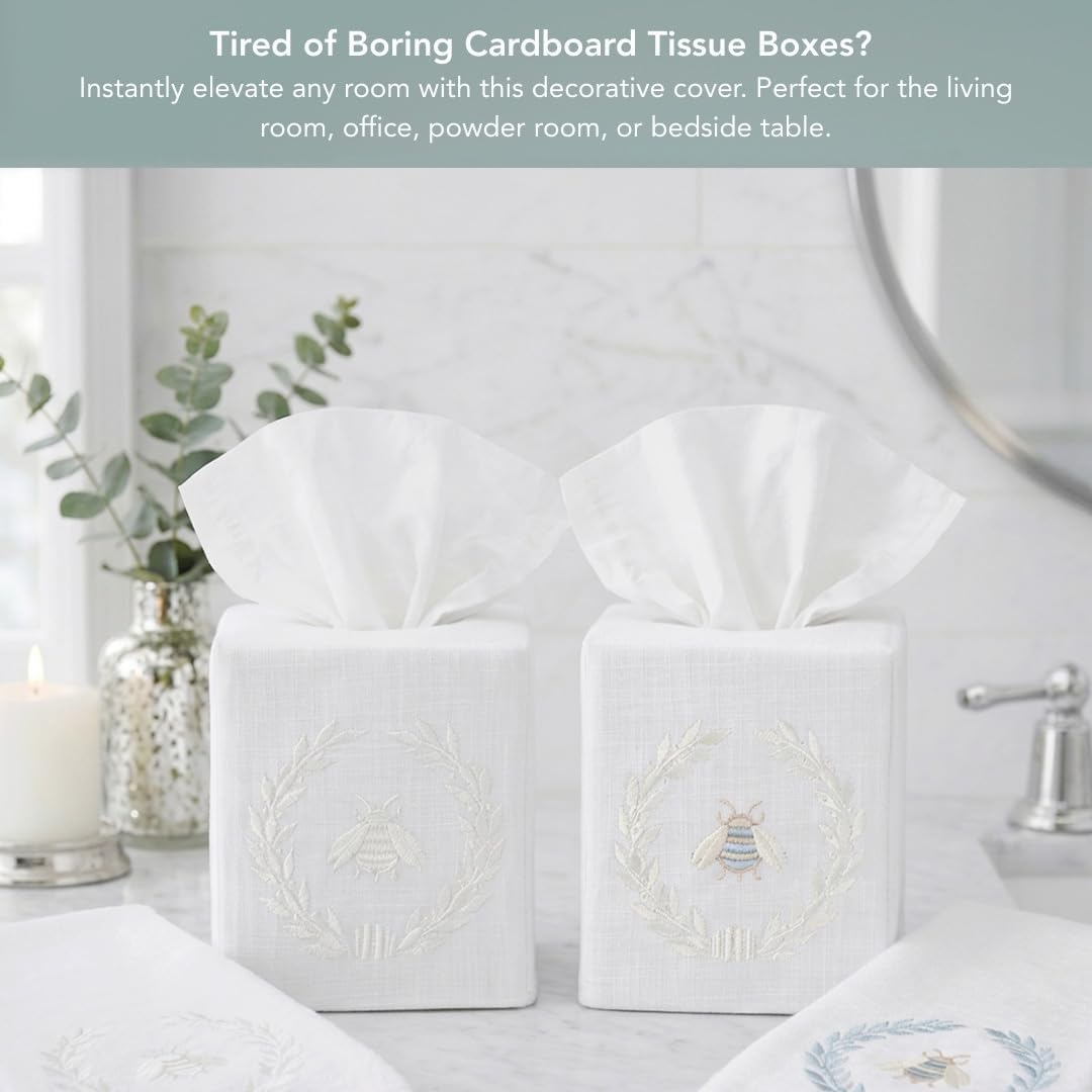 Jacaranda Living Square Tissue Box Cover, Linen/Cotton Fabric Tissue Holder, Decorative Cloth Tissue Cube Cover, Embroidered Bee Designs, Napoleon Bee Wreath (Beige)