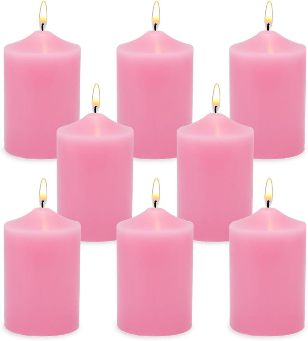 Small Unscented Pink Pillar Candles, 24 Hour 2x3 Inch Dripless Tapered Column Candles for Valentine's Day Home Party Holiday Dinner Table, Set of 8