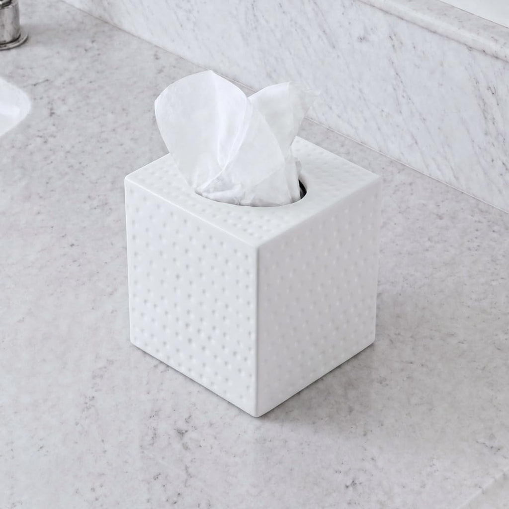 Monarch Abode Tissue Box Cover Square – Hand Hammered White Metal Tissue Holder Box for Bathroom Accessory, Aesthetic Decorative Facial Napkin Cube for Modern Home Decor