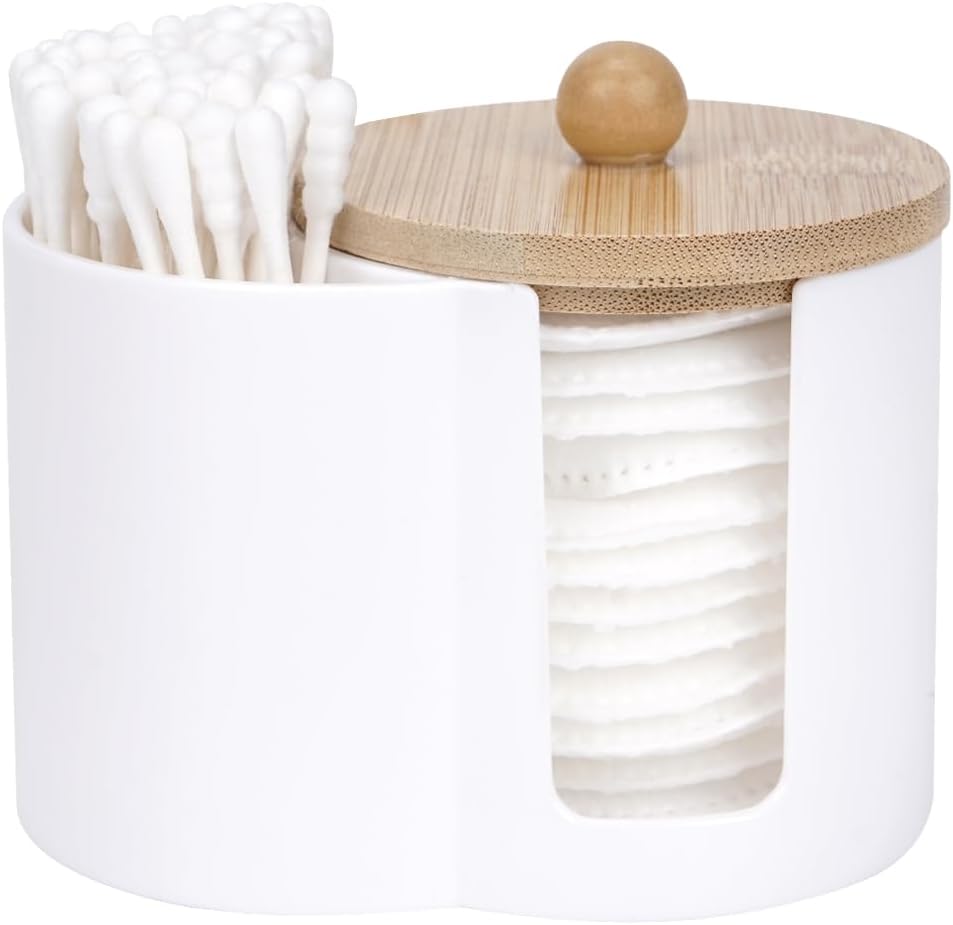 Adorila Compact Cotton Pad & Swab Holder with Bamboo Lid, White