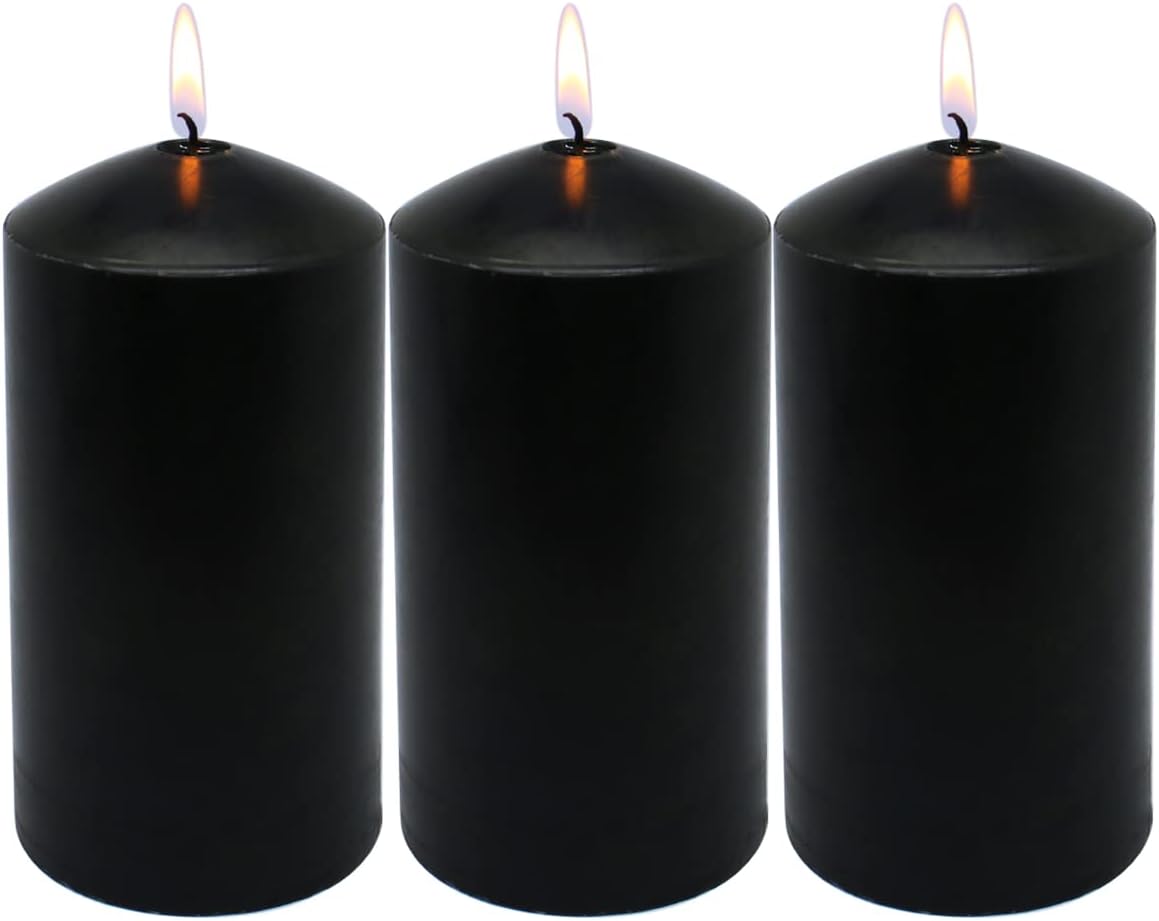 MISSYO 70 Hour Long Burning Unscented Pillar Candles, Dripless and Smokeless Candles for Home Weddings Restaurant Spa Church - Black, 3x6 inch, 3 Pack