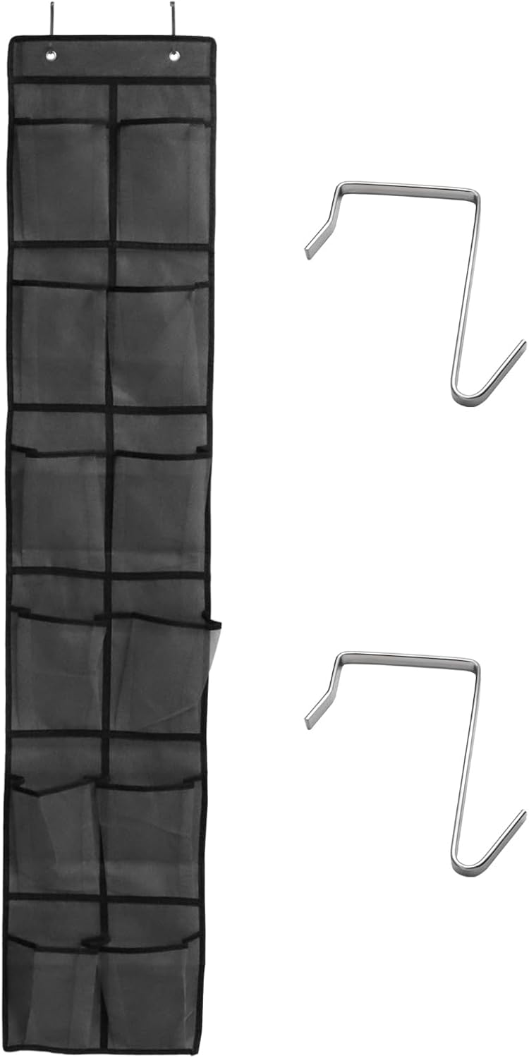 Over the Door Shoe Organizer, 12 Mesh Pockets, Gray, 4 Metal Hooks
