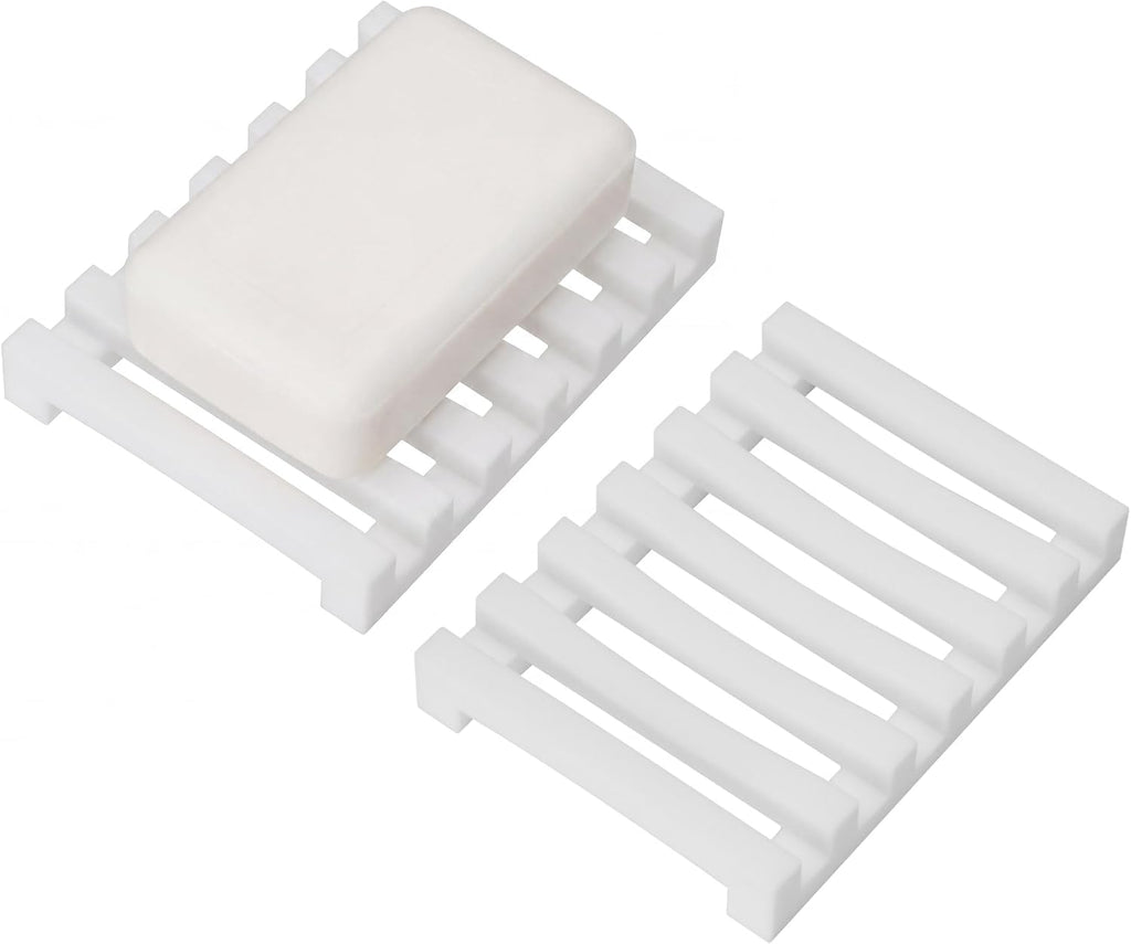 Slotted Silicone Soap Dish 2 Pcs, Self Draining Soap Holder with Raised Bar Design, Non Slip Soap Saver Tray, Quick Dry Soap Dish for Bathroom Kitchen Sink Shower, White