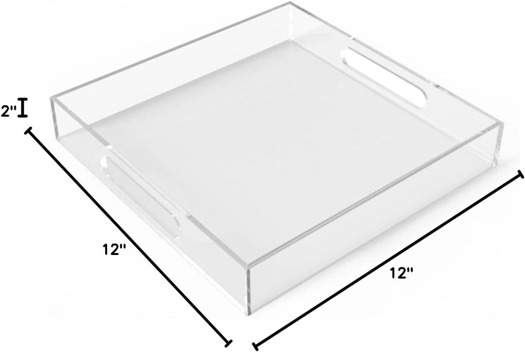 Acrylic Serving Tray (12x12x2Inch) with Handles -Spill Proof- Clear Decorative Tray for Appetizer,Breakfast -Countertop Organizer Storage Tray for Kitchen,Bathroom,Living Room