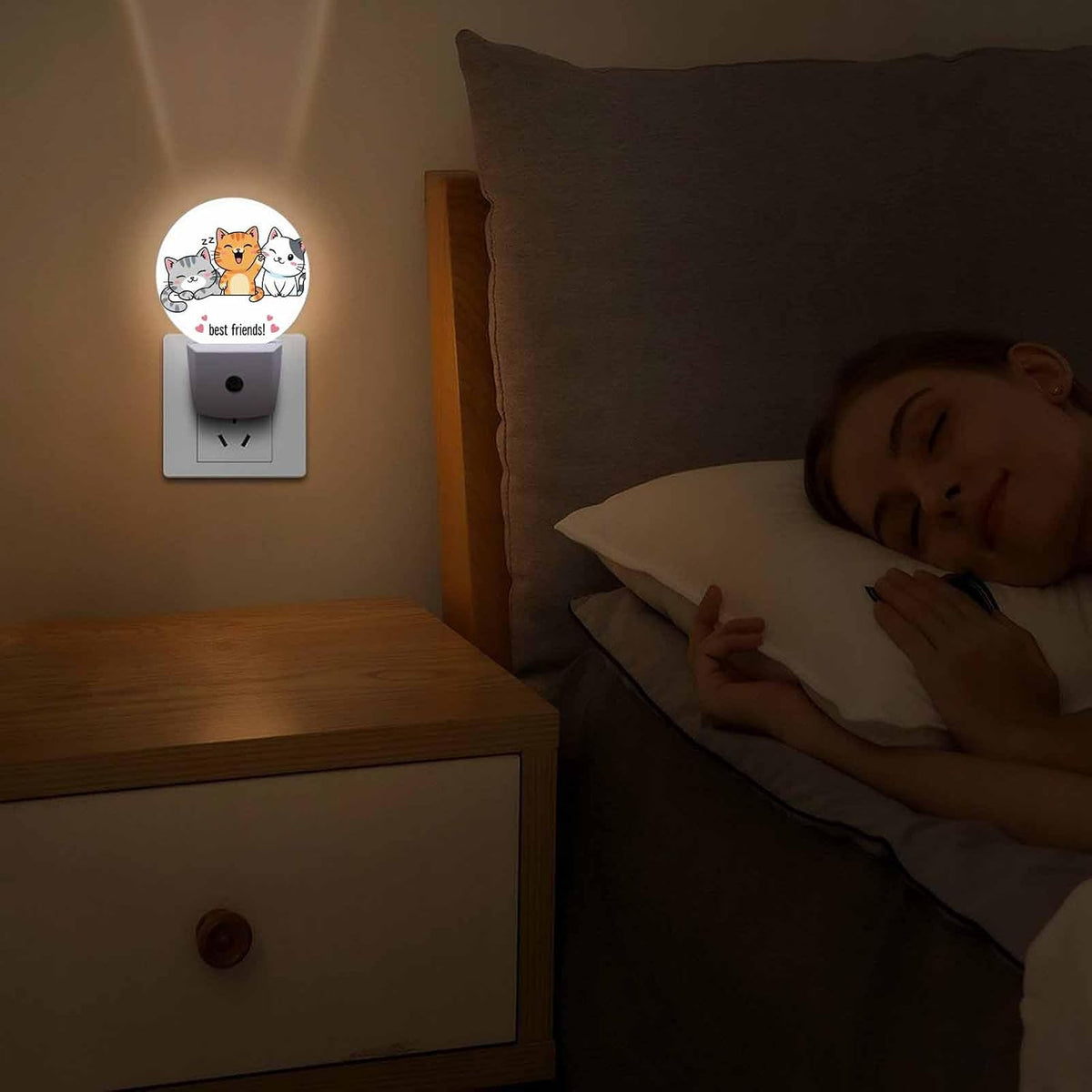 Round LED Night Light,Gray White Black Orange Cats LED Night Light Plug into Wall with Dusk to Dawn Light Sensor White Energy Efficient Nightlight for Bedroom Hallway Living Room Kitchen