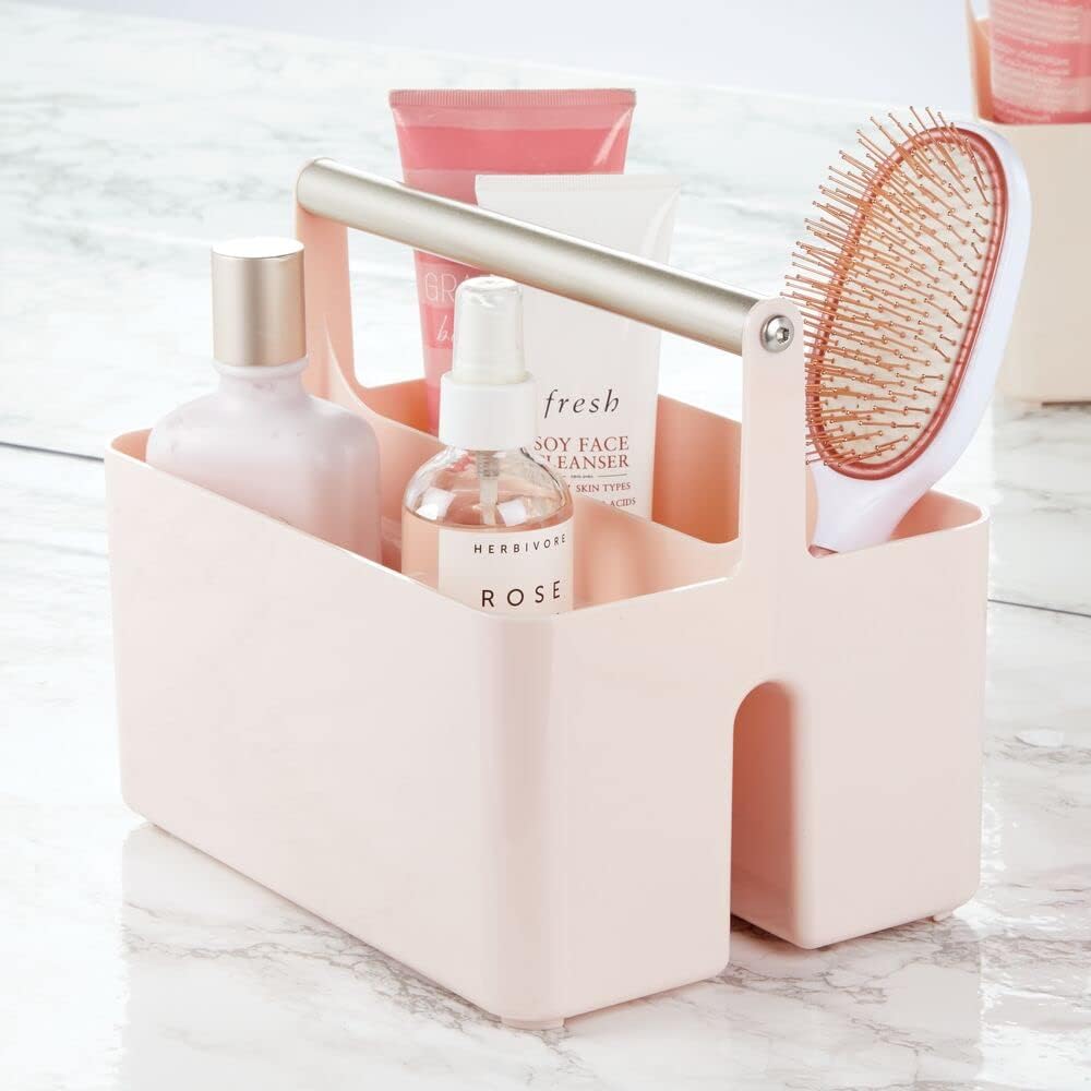 mDesign Under Sink Storage – Plastic and Metal Bathroom Caddy for Shampoo and Soaps – Portable Cosmetics Storage Organiser – Blush/Satin