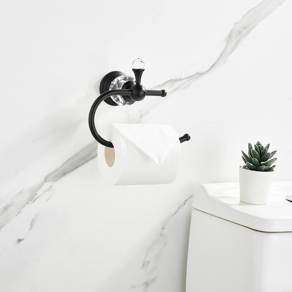 Black Crystal Toilet Paper Holder, Matte Black Bathroom Toilet Paper Roll Hanger Wall Mounted, Modern Toilet Tissue Holder Bathroom Accessory