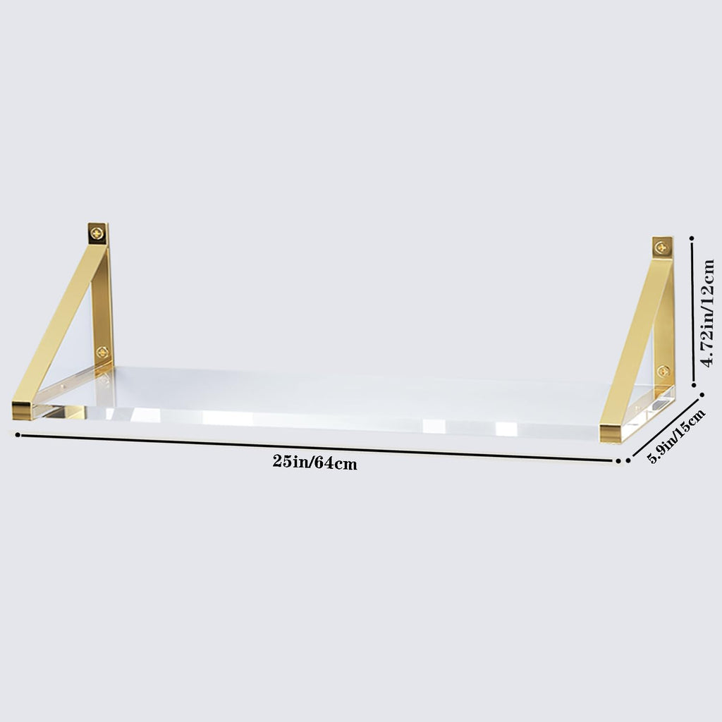 Sturdy Large 25×5.9 inch Thicker 2/5"(10mm) Crystal-Clear Acrylic Gold Shelves for Wall,Gold Floating Shelves,Clear Shelves for Wall Décor, Bathroom,Bedroom Pack of 2
