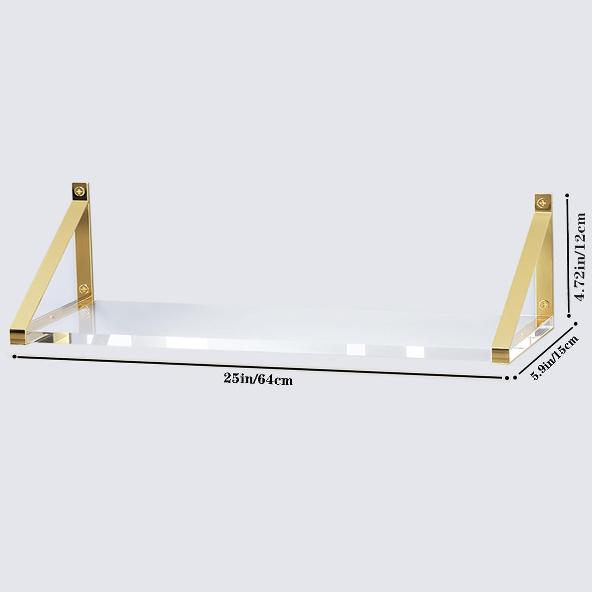 Sturdy Large 25×5.9 inch Thicker 2/5"(10mm) Crystal-Clear Acrylic Gold Shelves for Wall,Gold Floating Shelves,Clear Shelves for Wall Décor, Bathroom,Bedroom Pack of 2