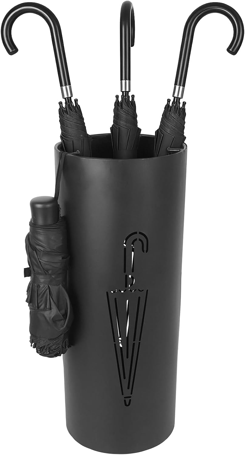 DreamsEden Metal Umbrella Stand, Round Entryway Umbrella Organizer with 3 Hooks for Walking Canes Golf Clubs, Sturdy Durable Holder Rack, Black