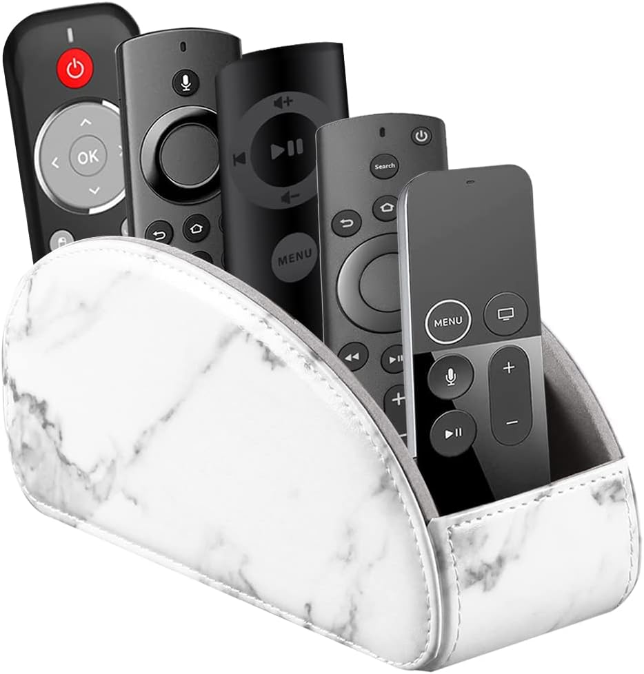 All-in-One Leather White TV Remote Holder for Remote Conrtols with 5 Compartments Nightstand Desktop Media Player Remote Caddy Storage Box Organizer Tray for Mobile Office Stationery Phone Controller