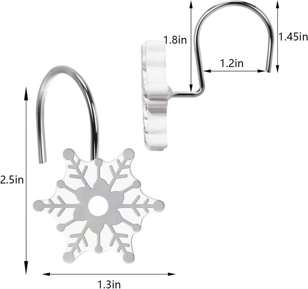 12pcs Christmas Snowflake Shower Curtain Hooks for Winter Snowman Snow Themed Shower Curtains Bathroom Decorations, Silver Rustproof Resin Country Farmhouse Xmas Theme Bathroom Decor Accessories Set