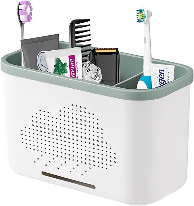 3 Slots Toothbrush Holder and Toothpaste Holder with Drain Hole, Detachable Easy Cleaning Multi-Functional Organizer Caddy Storage for Bathroom Vanity Sink Kitchen (White+Green 3 compartments)