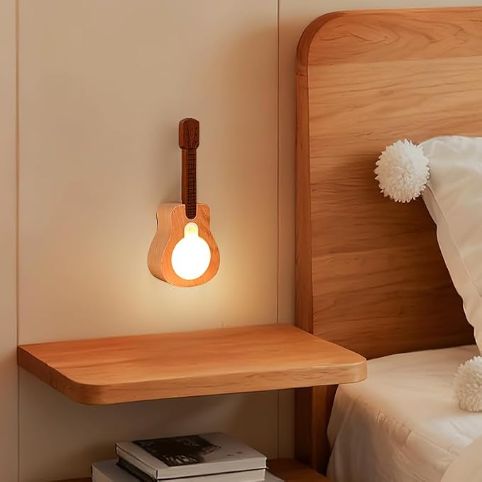 Solid Wood Guitar Night Light Motion Sensor Rechargeable Magnetic LED Lamp