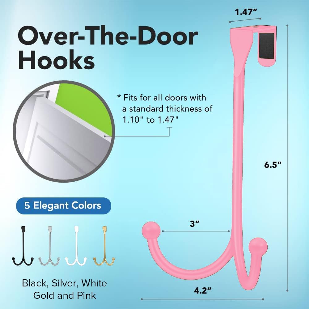2-Pack Over The Door Hooks - with 2 Hang Heads & Snug Fit Pads Heavy Duty Hook for Hanging Coats, Towels, Caps & Robes - Elegant Matt Finish - No Drill Hanger Organizer - Pink
