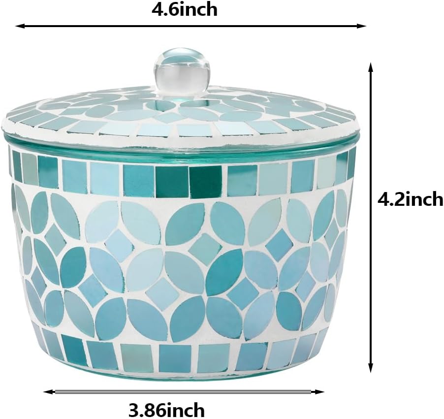 Bathroom Qtip Holder, Green Countertop Storage Organizer Canister Jar Qtip Dispenser Holder Mosaic Glass with Lid- for Cotton Swabs,Bath Salts, Hair Band, Cotton Balls and Candy