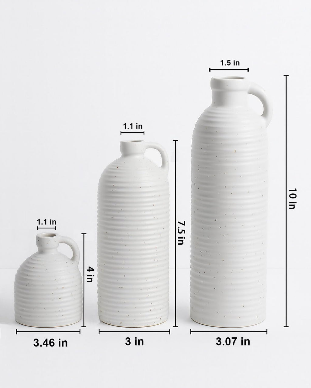White Polka Dot Vase Set of 3, Ribbed Jugs with Handles for Home Decor