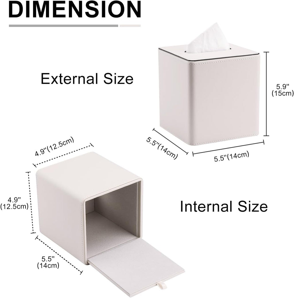 KINGFOM Leather Tissue Box Cover – Square Modern PU Leather Tissue Holder, Cube Tissue Dispenser for Home, Office, Bedroom, Bathroom – Elegant Minimalist Style (Ivory White-Square)