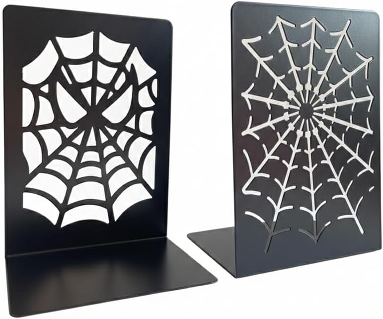 Metal Decorative Bookends Set, Spider Web & Football Player Silhouette, Sturdy Non-Slip Book Holders for Shelves, Black (Heroic Web - 1 Pair (2 Pcs))