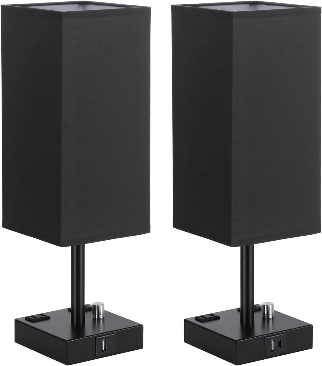 Black Bedside Table Lamps Set of 2 - Dimmable, USB C+A, 2 AC Outlets