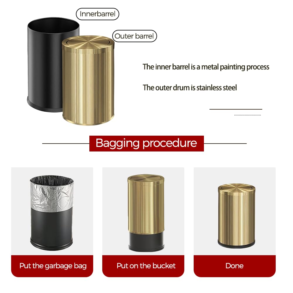 9L/2.4Gal Brushed Antique Brass Bathroom Trash Can