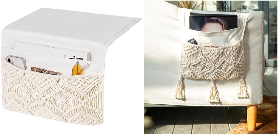 Mkono Macrame Bedside Caddy Storage Organizer Boho Remote Control Tablet Magazine Holder for Home Bedroom Living Room College Dorm Bed, Set of 2