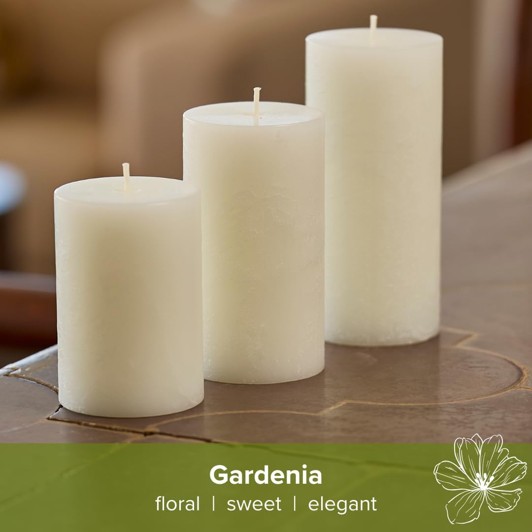 White Gardenia Pillar Candles, Set of 3, 3x6 Inch, Rustic Decor
