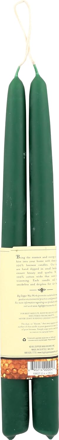 Big Dipper Wax Works 100% Beeswax Taper Candles, 12in, 2 Pack, Forest Green