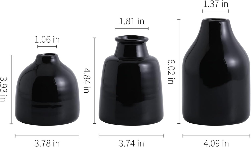 hjn Black Small Vase Set of 3 for Modern Home Decor,Ceramic Vases for Centerpieces Flower Vases for Living Room Wedding/Dinner Table/Party-Black