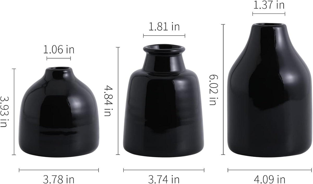hjn Black Small Vase Set of 3 for Modern Home Decor,Ceramic Vases for Centerpieces Flower Vases for Living Room Wedding/Dinner Table/Party-Black