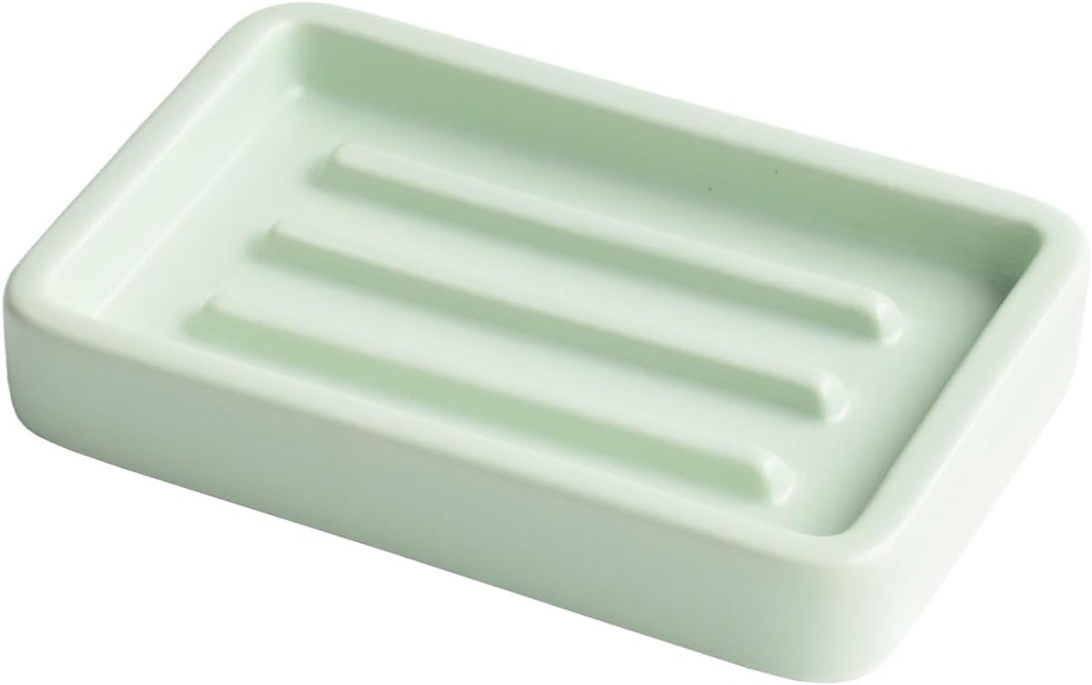 Matte Ceramic Soap Dish with Raised Ridges, Rectangle Bar Soap Holder for Bathroom Counter, Shower and Kitchen Sink, Mint