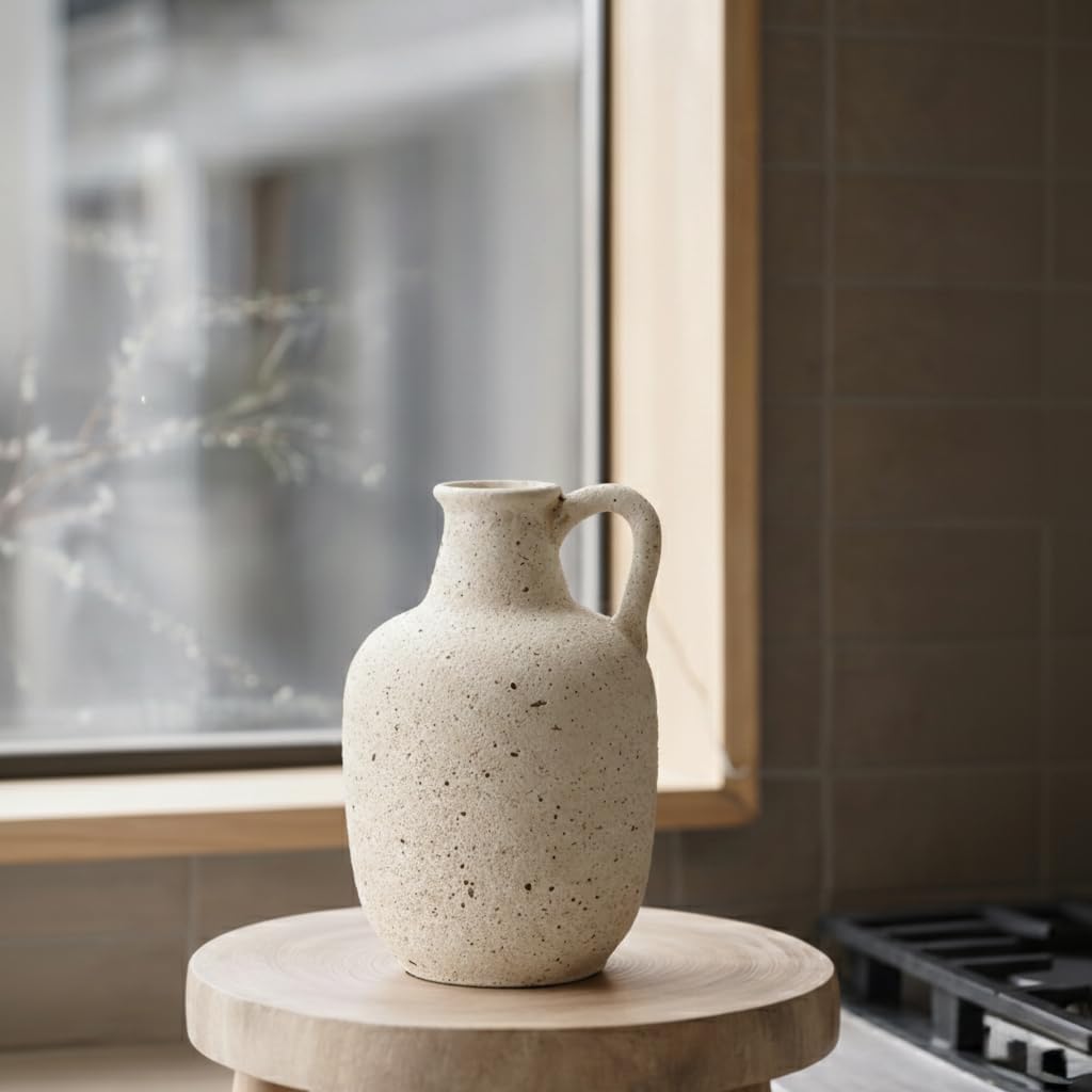 SIDUCAL Rustic Ceramic Farmhouse Flower Vase with 1 Handle-Height 8.43" Terracotta Vase, Unique Textured Pottery Flower Vases for Home Decor, Table, Wedding, Living Room, Shelf Decor, Speckled White