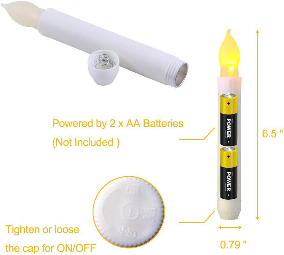 24 PCS Flameless LED Taper Candles Lights, Battery Operated Candlesticks with Warm White Flickering Flame, 0.79 x 6.5 Inches Dripless Fake Floating Taper Candles for Church Wedding Xmas