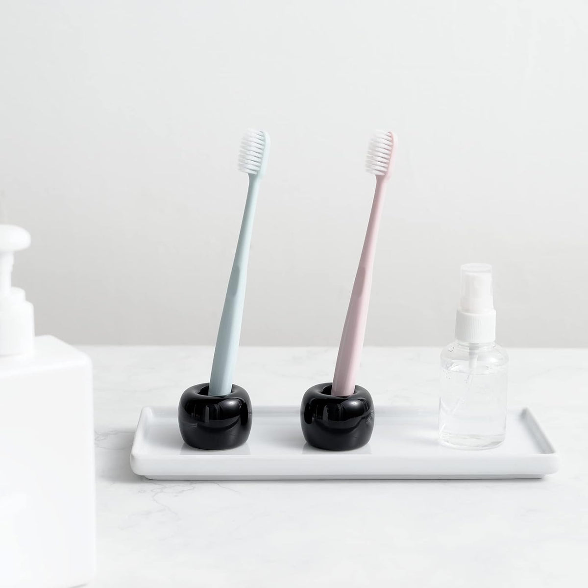 Mini Ceramic Couple Toothbrush Holder, Hand-Made Bathroom Toothbrush Holder, Electric Toothbrush Head Holder and Office Pen Holder 2-Piece Set (Black)