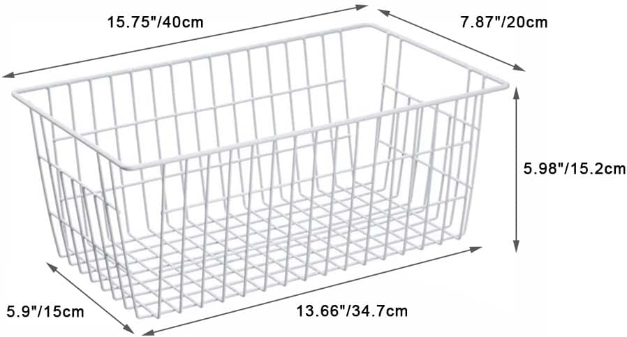 SANNO Freezer Baskets Pantry Storage Baskets Bin Wire Metal Storage Basket, Modern Farmhouse Metal Closet Bins Large Storage Organizer for Pantry, Shelf, Kitchen, Cabinet, Bathroom, White