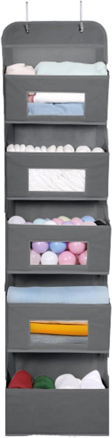 5-Shelf Over The Door Hanging Organizer with 2 Hooks for Room, Gray