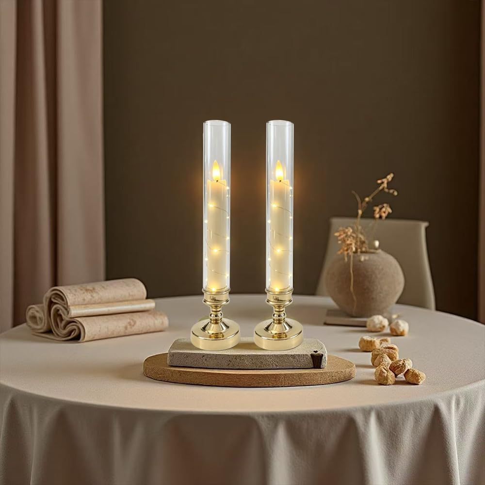 4 Pcs Flameless Candle with Remote Timer, Flickering Battery Operated LED Taper Candles with Embedded Star String Gold Candle Holders for Home, Wedding, Party Christmas Window Candles