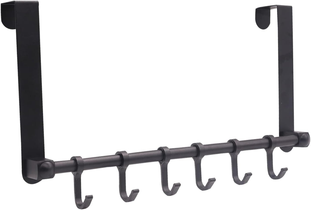 Over The Door Hooks Door Hanger, Moving 6-Hooks Over Door Coat Rack for Hanging, Aluminum Heavy Duty Door Organizer for Towel Robe Hat Bag, Behind Back of Door Bathroom (Black)
