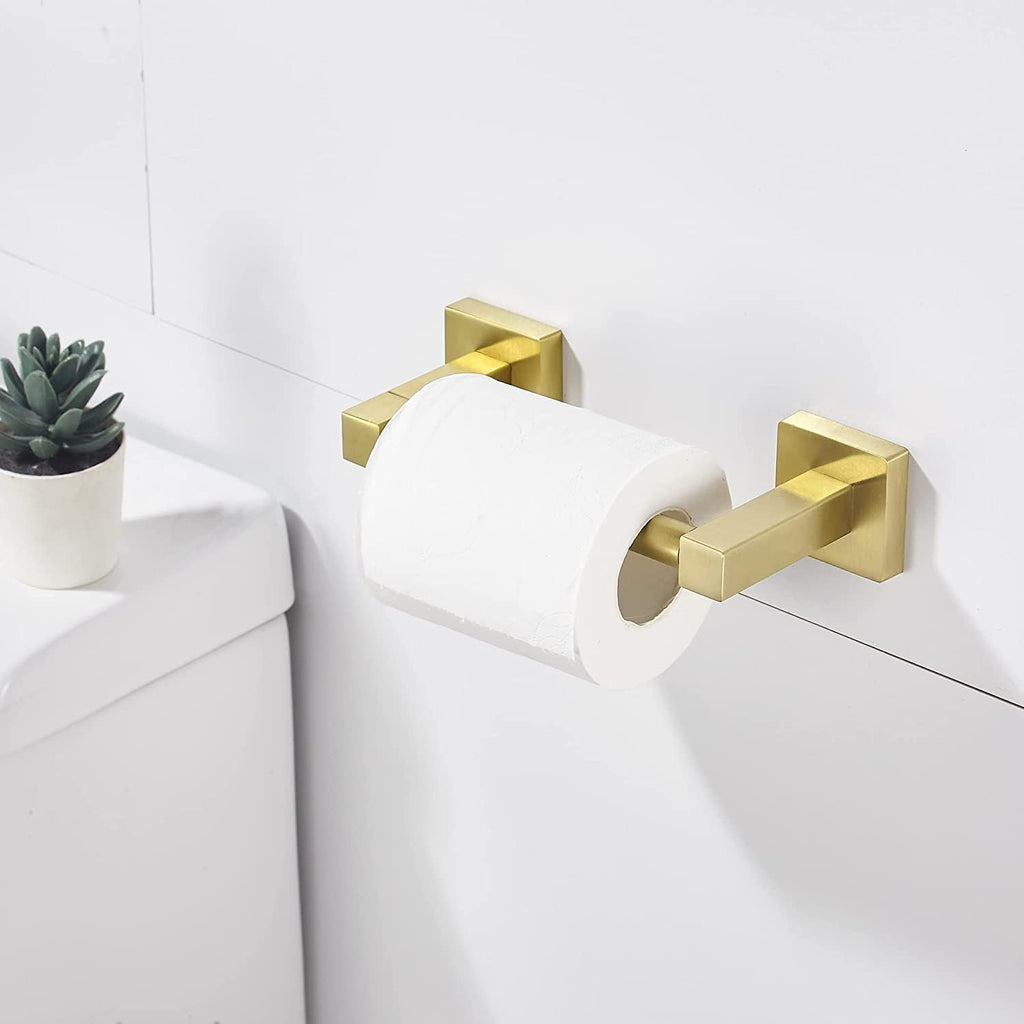 WOLIBEER Gold Toilet Paper Holder, Brushed Brass Toilet Roll Holder, Double Post Pivoting Modern Tissue Hanger Wall Mount for Bathroom Toilet Kitchen Stainless Steel